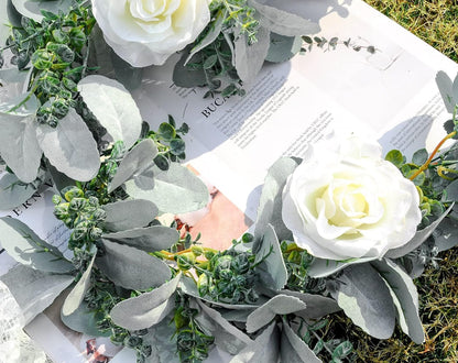 Miracliy 6 Ft Eucalyptus Garland with Flowers, Lambs Ear Greenery White Roses Flower Garland Fake Vines for Wedding Boho Table Mantle Backdrop Party Farmhouse Home Decor