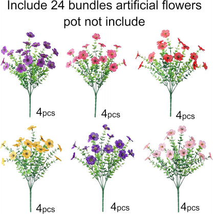 Ivydale Artificial Flowers for Outdoor 24 Bundles Fake Mums with Eucalyptus Leaves UV Resistant Silk Faux Daisy Flower Plant for Outside Home Porch Patio Window Box, 6 Color Mixed