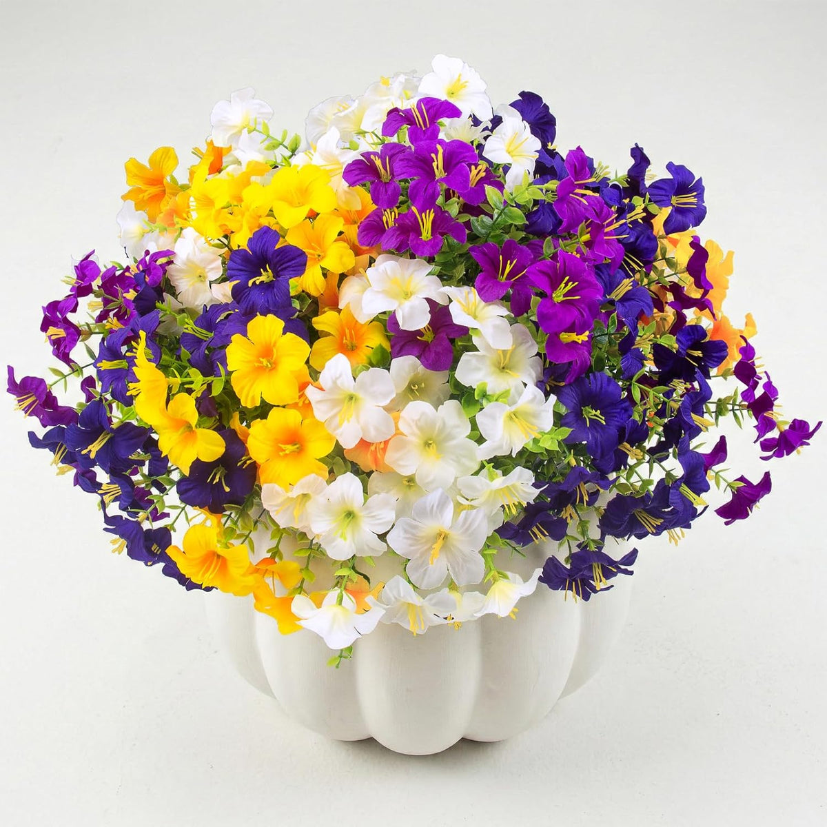 16 Pcs Faux Petunias Artificial Flowers For Outdoors, UV Resistant Fake Petunias Plants Realistic Silk Flowers for Porch Front Door Garden Window Outside Decor (16, White, Yellow, Purple, RedViolet)