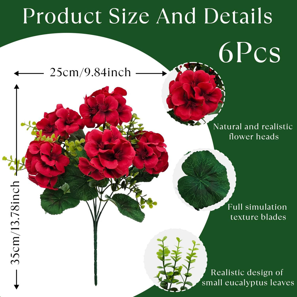 Artificial Geranium Flowers for Outdoor Decoration, 6 Bundles UV Resistant Silk Geranium Fake Plants Faux Flowers for Front Porch Garden Patio Window Box Outside Indoor Decor (Red)
