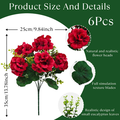 Artificial Geranium Flowers for Outdoor Decoration, 6 Bundles UV Resistant Silk Geranium Fake Plants Faux Flowers for Front Porch Garden Patio Window Box Outside Indoor Decor (Red)