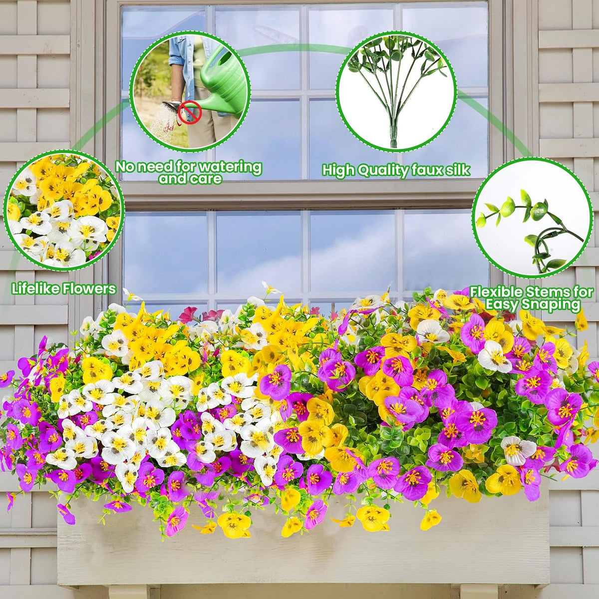 Alotiki Artificial Pansies for Outdoors, 24 Bundles Faux Silk Pansies Flowers UV Resistant Silk, Artificial Flowers for Porch Yard Garden Home Indoor Decor (Purple, White, Yellow)