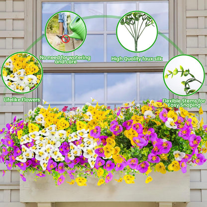 Alotiki Artificial Pansies for Outdoors, 24 Bundles Faux Silk Pansies Flowers UV Resistant Silk, Artificial Flowers for Porch Yard Garden Home Indoor Decor (Purple, White, Yellow)
