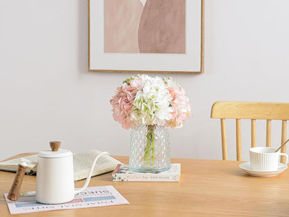 Hydrangeas Floral Arrangement in Glass Vase, Fake Flowers Silk Hydrangea Artificial Flowers with Vase for Home Office Decoration, Dining Table Centerpiece(Pink)