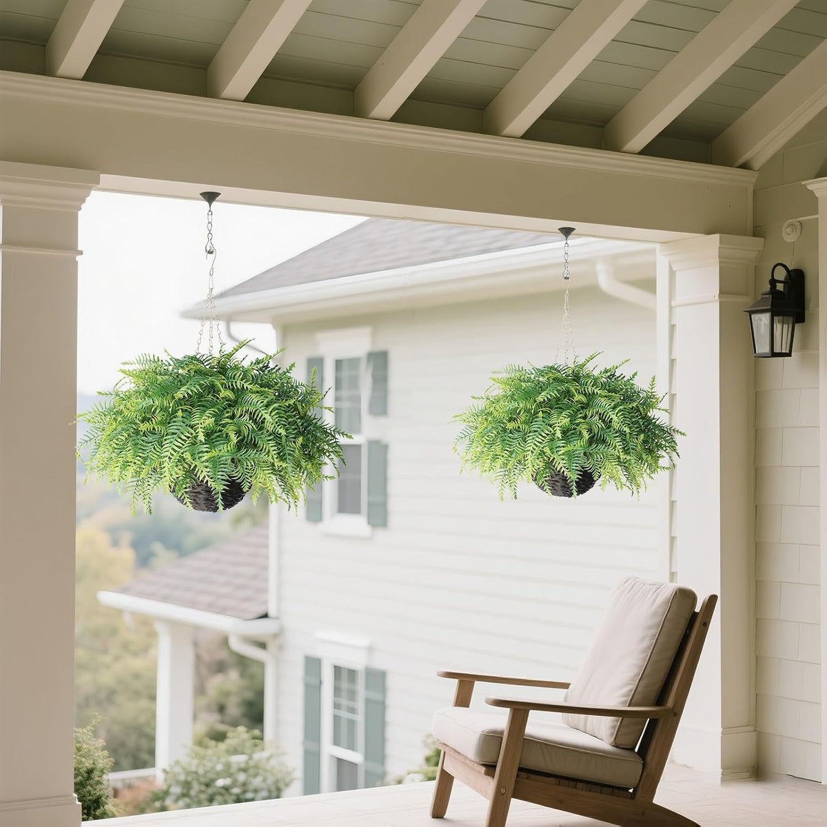 Artificial Ferns Plants with Hanging Basket-2 Set for Outdoor Decoration, Fake Boston Fern Hanging Planters Faux Greenery UV Resistant for Front Porch Patio Garden Farmhouse Home Decor (Green)