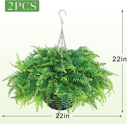 Artificial Ferns Plants with Hanging Basket-2 Set for Outdoor Decoration, Fake Boston Fern Hanging Planters Faux Greenery UV Resistant for Front Porch Patio Garden Farmhouse Home Decor (Green)