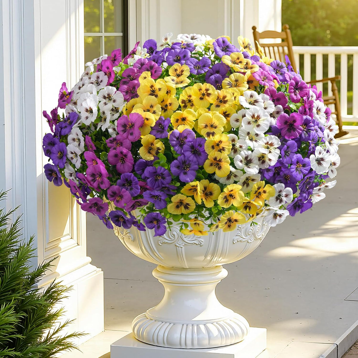 Ivydale 20PCS Fake Artificial Pansy Flowers for Outdoors Spring Decor, Faux Silk Pansies UV Resistant Plants for Front Door Porch Yard Patio Window Box Home Decor (Fuchsia Purple Yellow White)