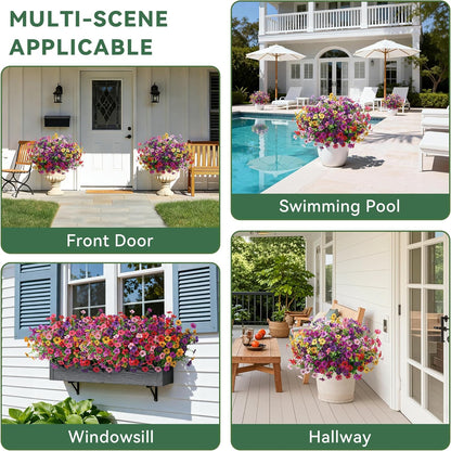 Ivydale Artificial Flowers for Outdoor 24 Bundles Fake Mums with Eucalyptus Leaves UV Resistant Silk Faux Daisy Flower Plant for Outside Home Porch Patio Window Box, 6 Color Mixed