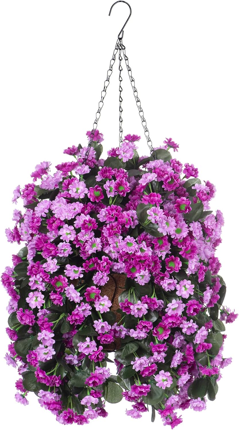 Artificial Flowers in Hanging Basket for Outdoors Spring Decor, Fake Mums Flowers Faux Plants with Basket for Indoors Home Porch Garden Yard Patio Decoration (Purple Pink)