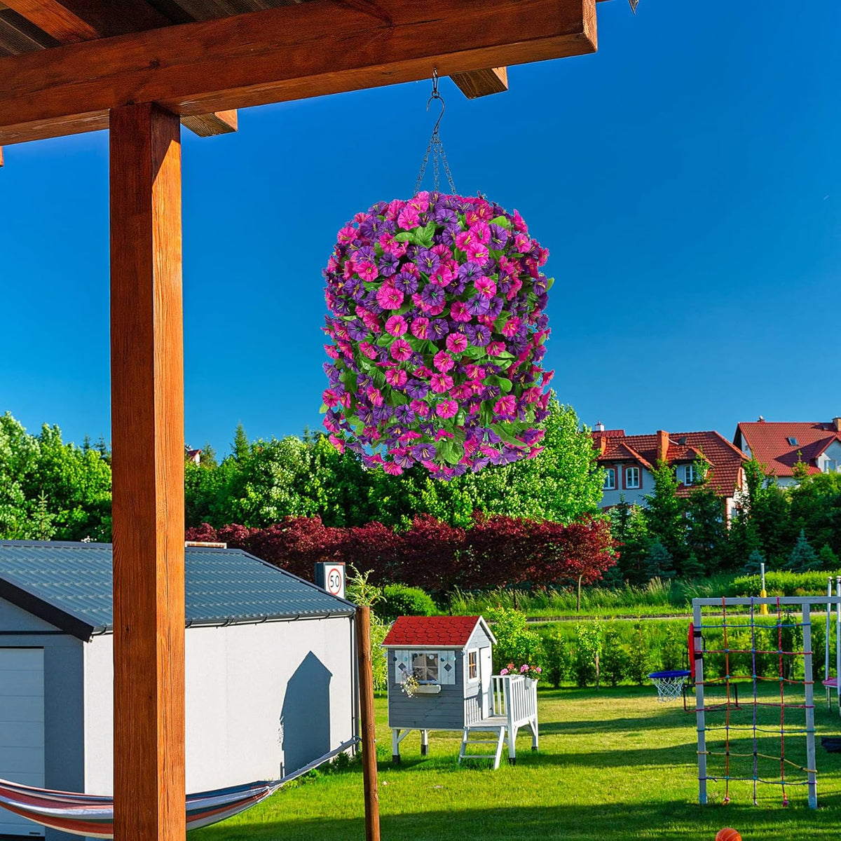 Artificial Fake Hanging Flowers Plants for Outdoor Decoration, 2PCS Faux Silk Morning Glory Long Vines Stems UV Resistant Look Real for Spring Summer Outside Home Porch Patio(Violet Red Purple)