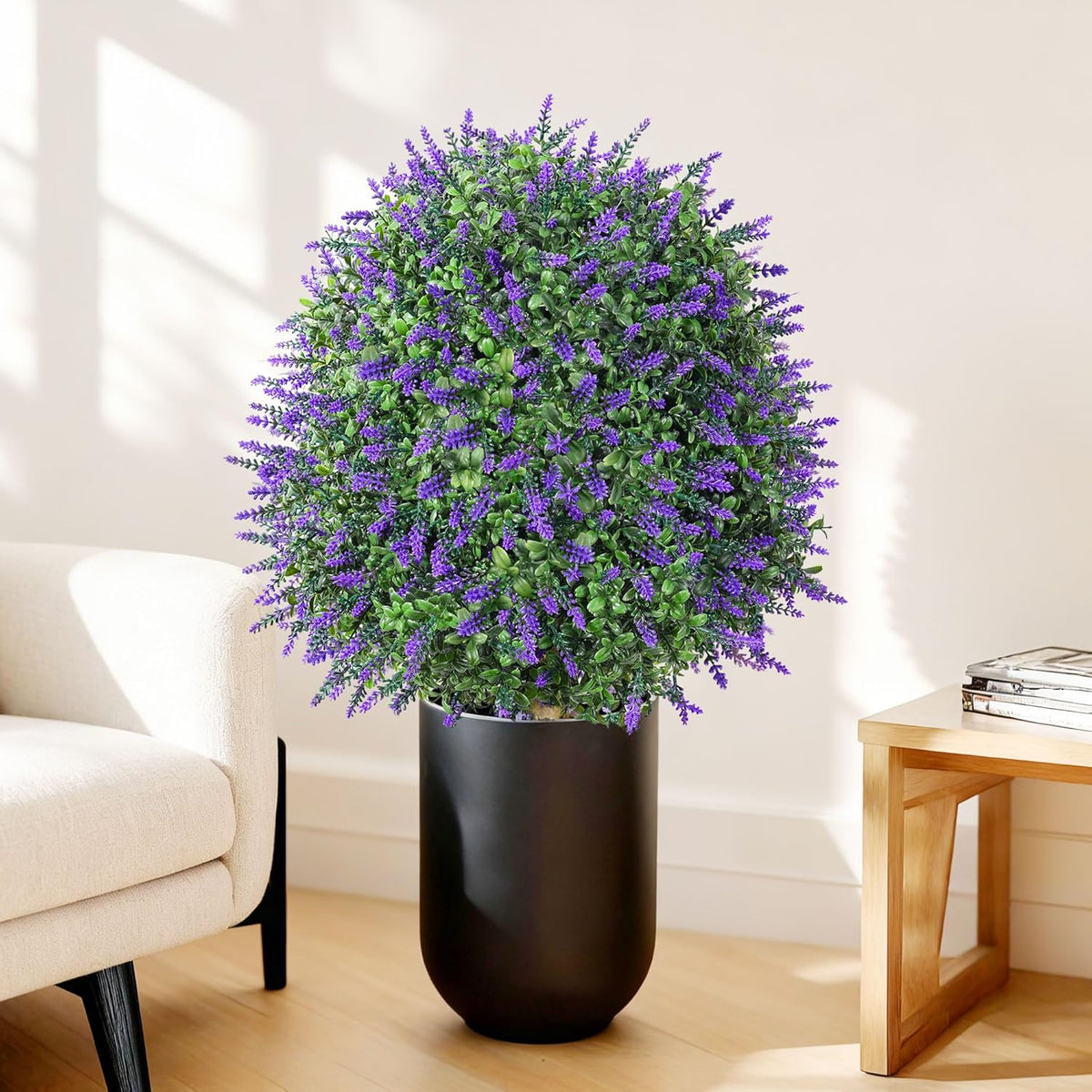26" Artificial Boxwood Topiary Trees with Lavender Flowers 2 Pack Fake Plants for Outdoor Indoor Artificial Shrubs with Metal Ground Spike UV Resistant Fake Bushes for Front Porch Garden, Purple