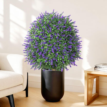 26" Artificial Boxwood Topiary Trees with Lavender Flowers 2 Pack Fake Plants for Outdoor Indoor Artificial Shrubs with Metal Ground Spike UV Resistant Fake Bushes for Front Porch Garden, Purple