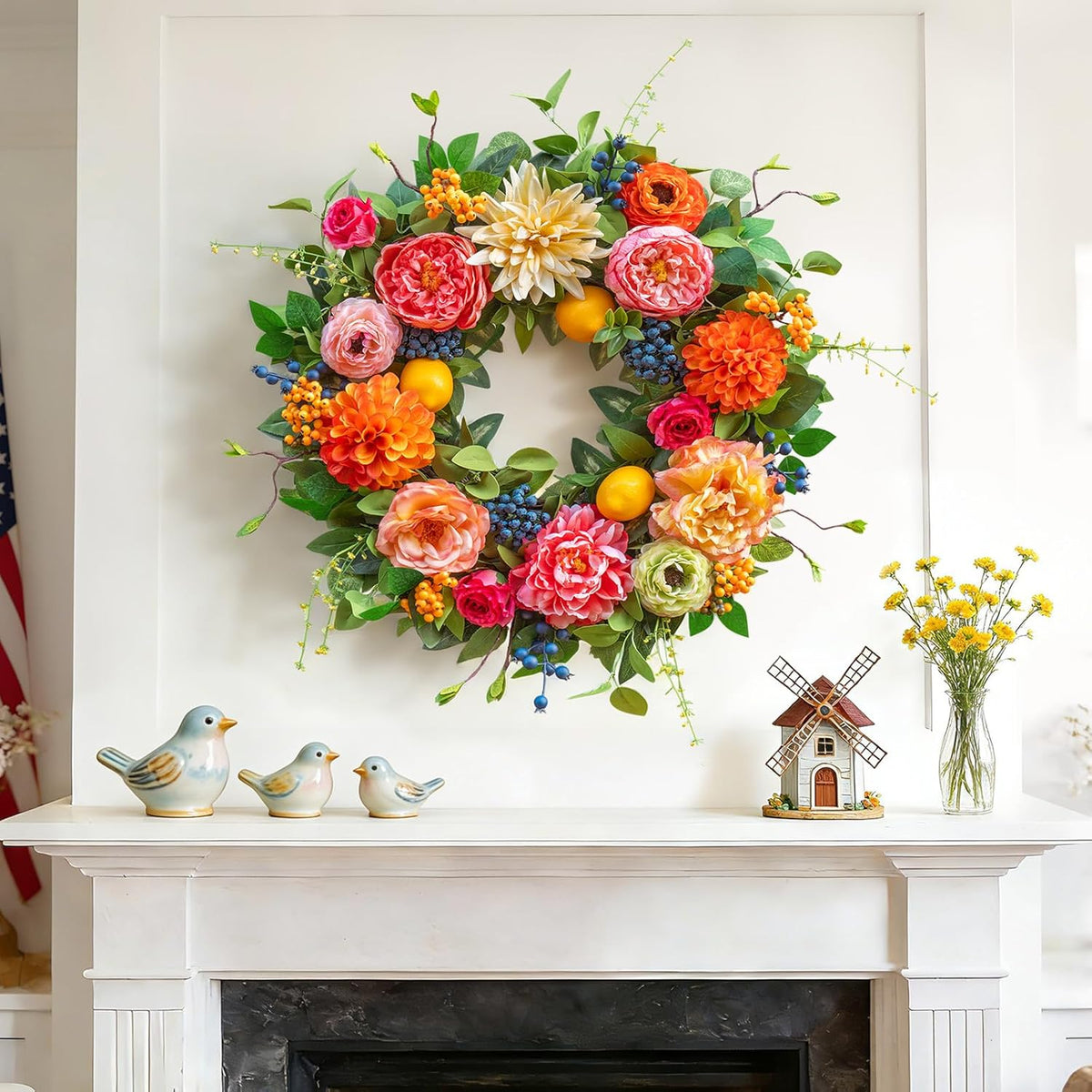 24 Inch Spring Wreath for Front Door - Peony, Dahlia, Hydrangea with Faux Lemons and Berries