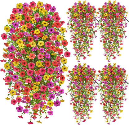Artificial Hanging Flowers for Outdoors, 4 Pcs UV Resistant Artificial Outdoor Flowers, Silk Flowers for Outside Patio Porch Front Yard Window Garden Indoor Decor (Spring Color, 4 Pcs)