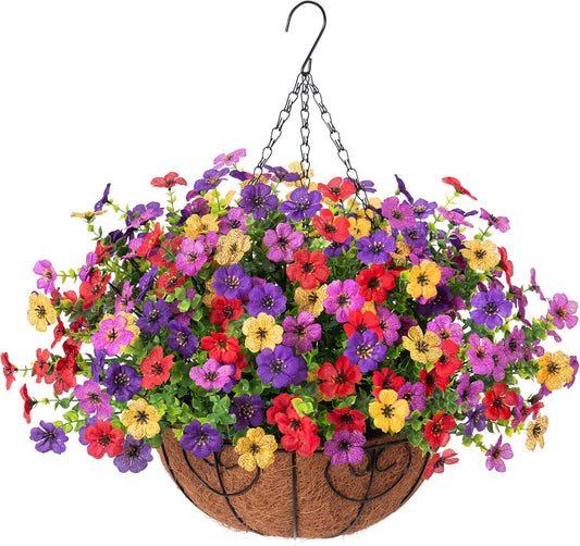 Artificial Faux Hanging Plants Flowers Basket for Spring Outdoor Decoration, Fake Silk Daisy UV Resistant Look Real with Eucalyptus Leaves Summer Outside Decor for Home Patio Garden