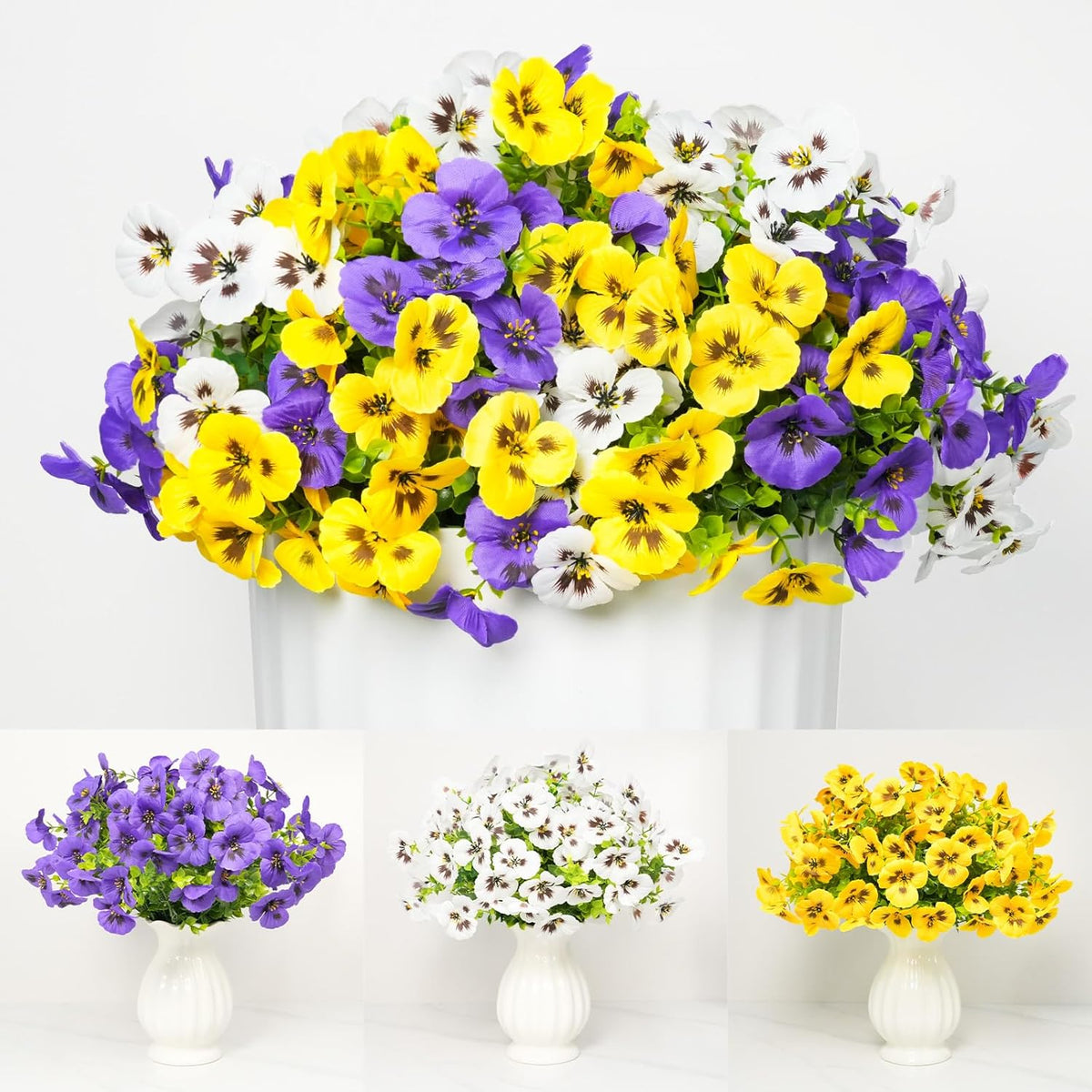 Artificial Flowers for Outdoor, UV Resistant Fake Pansy Flowers, Silk Faux Fowers for Outside Planters Home Garden Office Patio Front (18 Bundles)