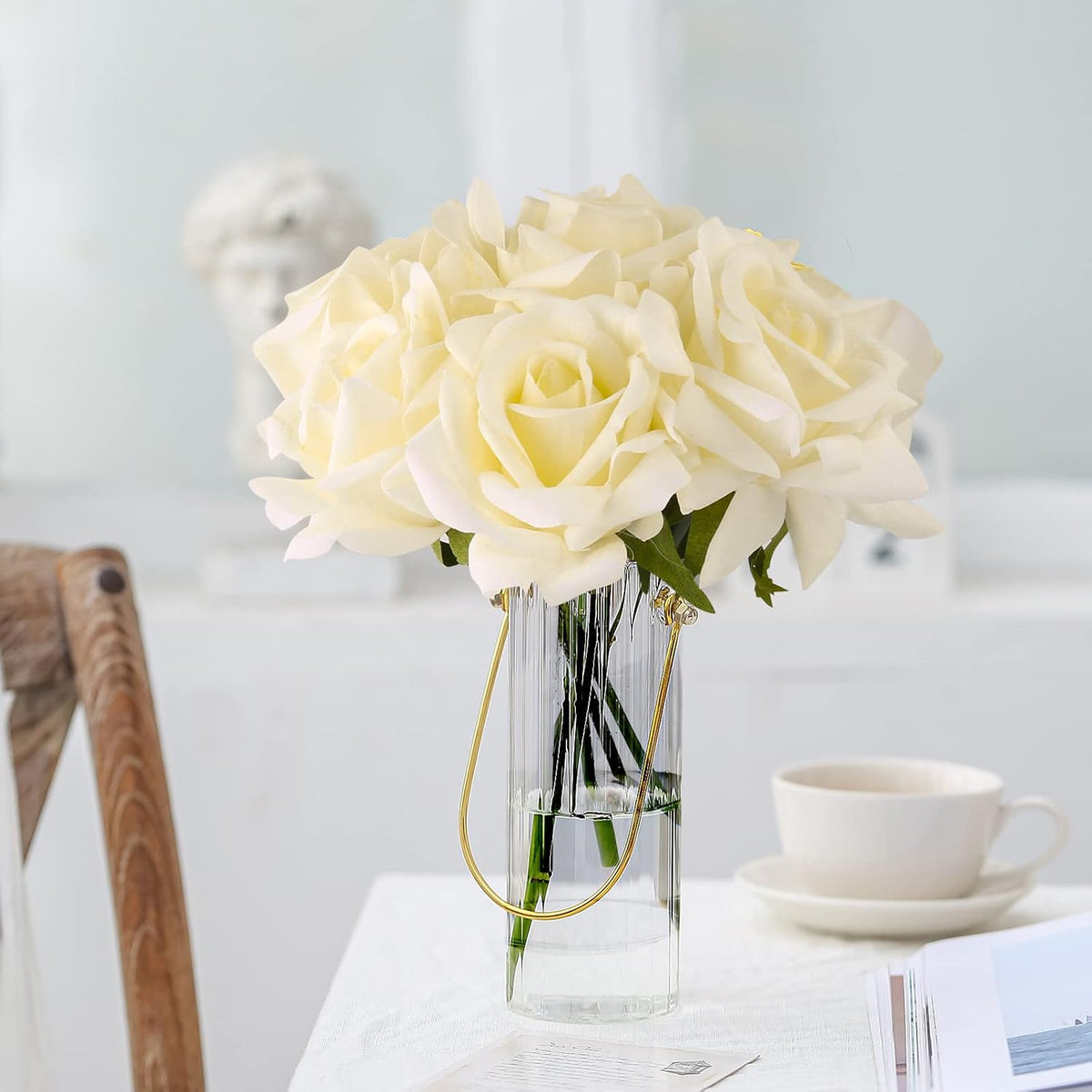 Eyamumo Fake Flowers, Faux Silk Real Touch Artificial Rose Flowers for Decoration DIY, Wedding Party, Home Office Decoration and Dining Table Centerpiece, 7Pcs (White-30cm, 30CM)