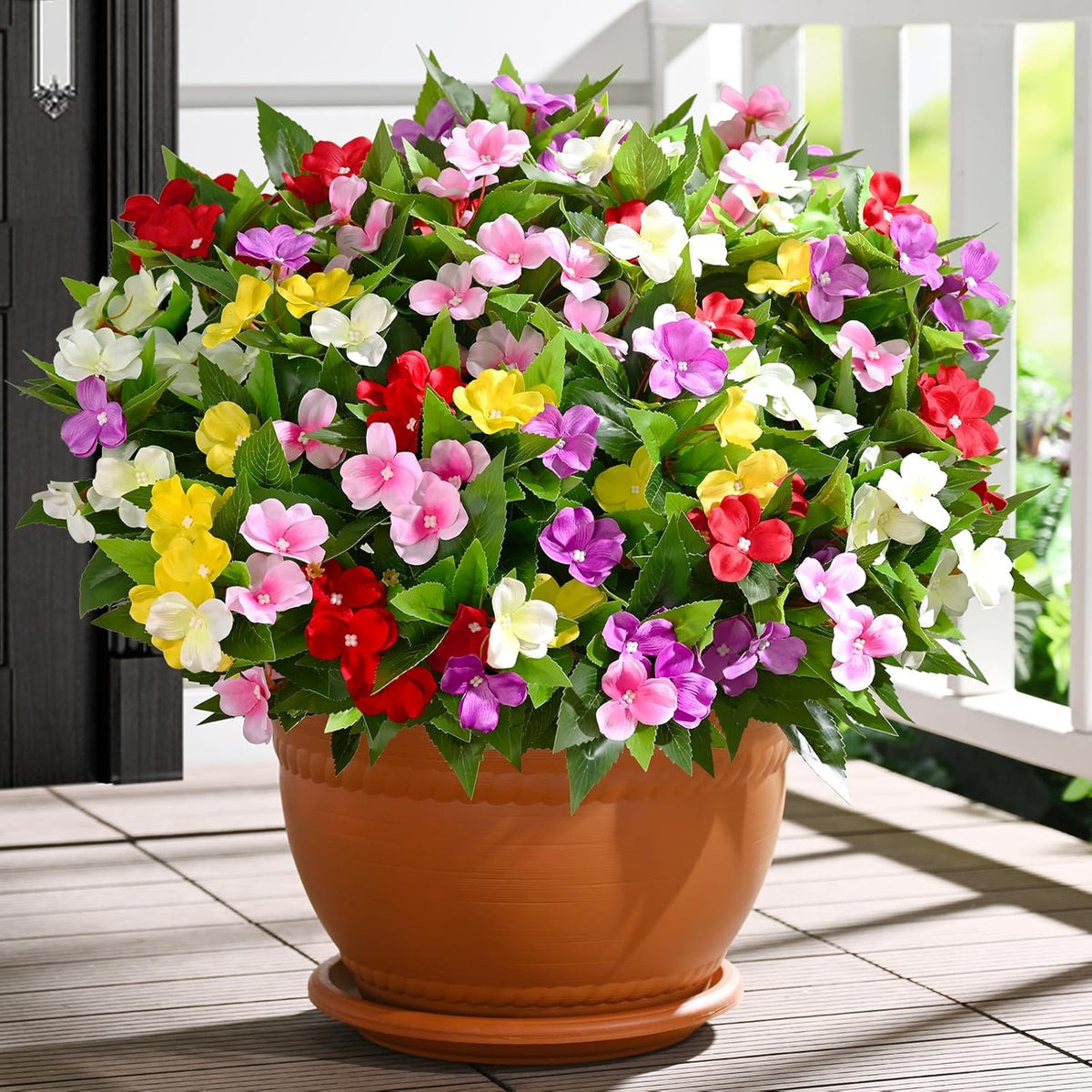 Waipfaru 5 Pcs Artificial Flowers for Outdoors, UV Resistant Faux Flowers for Outdoor Planters, Silk Impatiens Bouquet Mix Color Spring Artificial Plants for Garden Porch Patio Balcony Yard