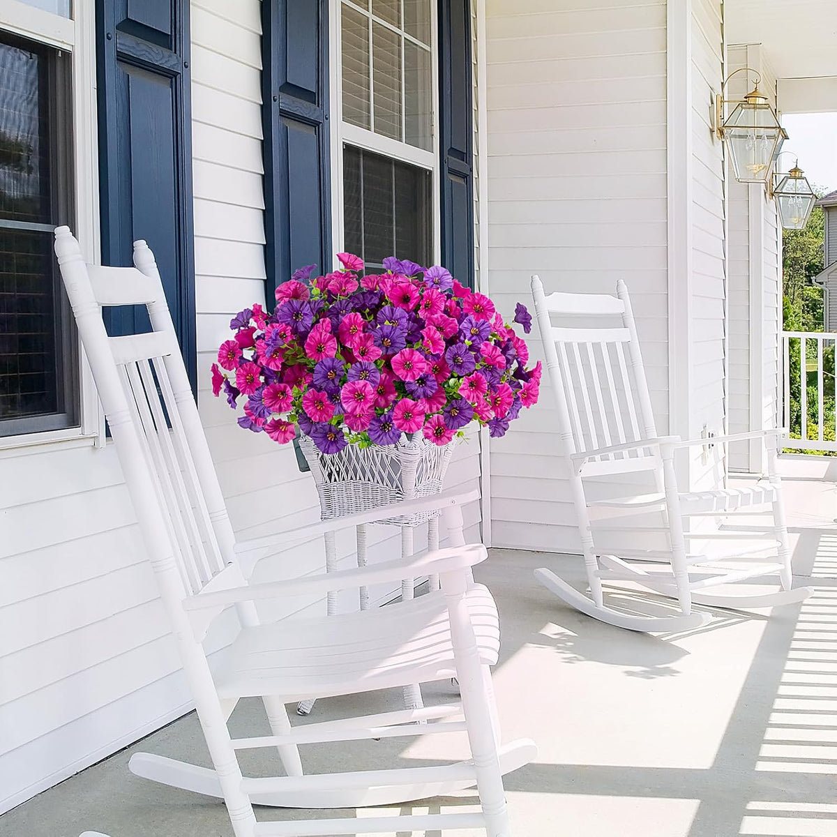 Artificial Flowers for Outdoors, 12 Bundles Fake Plastic Flower Plant, UV Resistant Faux Colorful Silk Morning Glory Petunias for Spring Summer Outside Garden Porch Front Door Decor, Purple