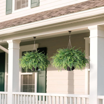 Artificial Ferns Plants with Hanging Basket-2 Set for Outdoor Decoration, Fake Boston Fern Hanging Planters Faux Greenery UV Resistant for Front Porch Patio Garden Farmhouse Home Decor (Green)