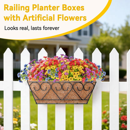 ZeeDix Railing Planter Boxes with Artificial Flowers, 2 Pack 16 Inch Window Box Planter with 24 Pack Fake Flowers for Deck Porch Patio Balcony Garden Home Decor