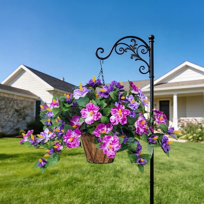 INXUGAO Artificial Flowers for Outdoors Indoors, 3 Bunches Fake Hibiscus with Hanging Basket Realistic UV Resistant Silk Flower Leaves, Faux Plant for Outside Home Patio Garden Poch (Purple, Fuchsia)