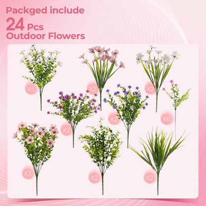 Fake Flowers for Outdoor UV Resistant 24 Pcs Pink Summer Artificial Flowers Outdoors, Realistic Faux Silk Flowers Fade Resistant, Fake Plants ＆ Flowers for Garden Porch Planters Window Patio Wedding