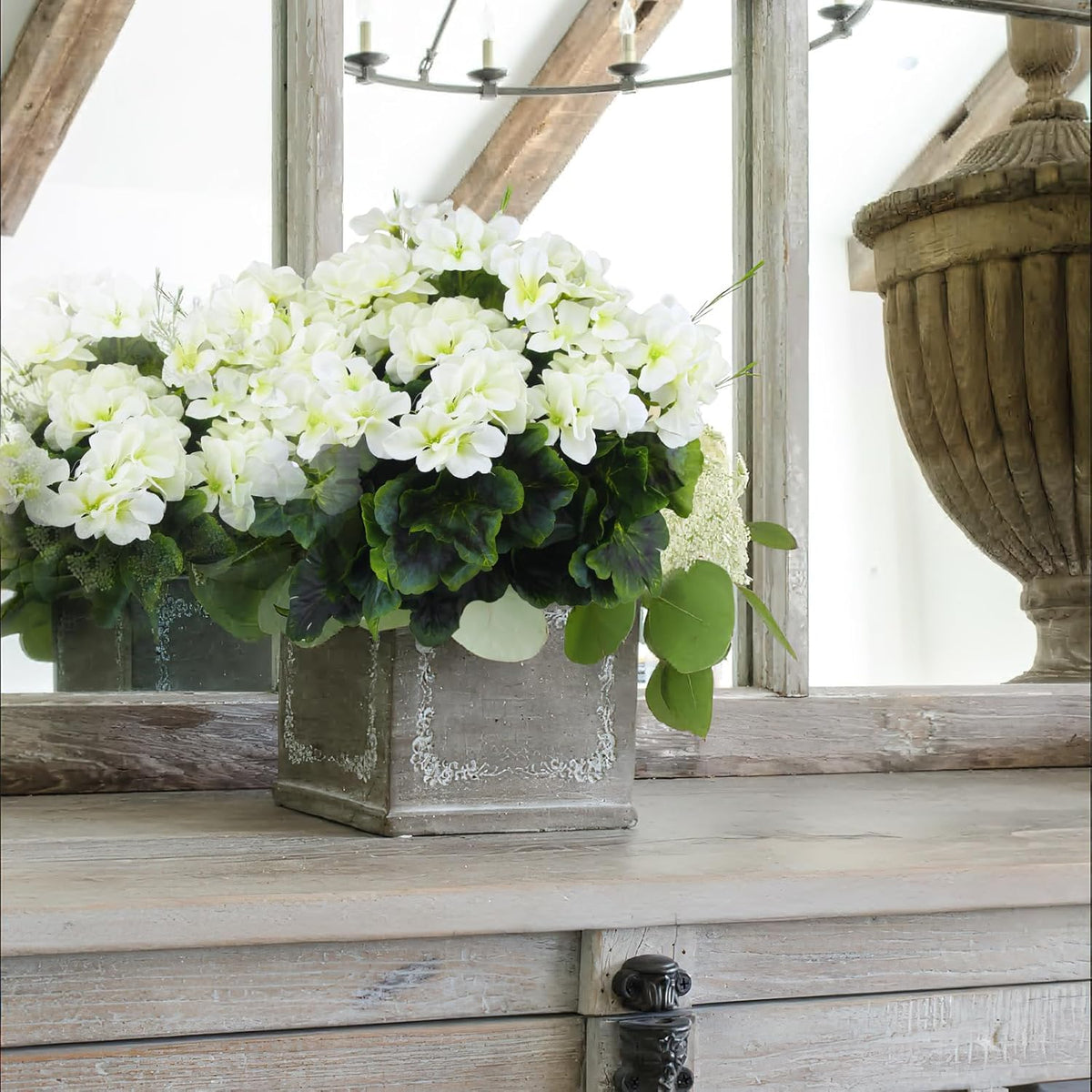 2 Pcs Artificial Geraniums for Outdoor Silk Geranium Flowers White Artificial Geranium Bush Faux Flowers Geraniums Branch for Garden Patio Grave Cemetery Vase Table Centerpiece Indoor Decor