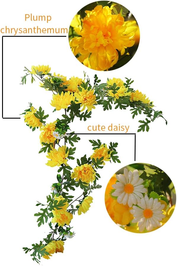 170cm Yellow Artificial Daisy Chrysanthemum Flowers Wall Hanging Vines String Garland Wreath for Outdoor Home Garden Decoration (Yellow)