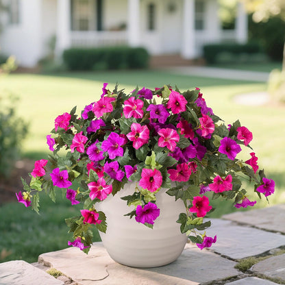Artificial Fake Flowers for Outdoor Spring Decoration, 2PCS Faux Silk Petunias No Fade UV Resistant Flowers for Outside Garden Porch Yard Balcony Patio Realistic Indoor Decor(Fuchsia)