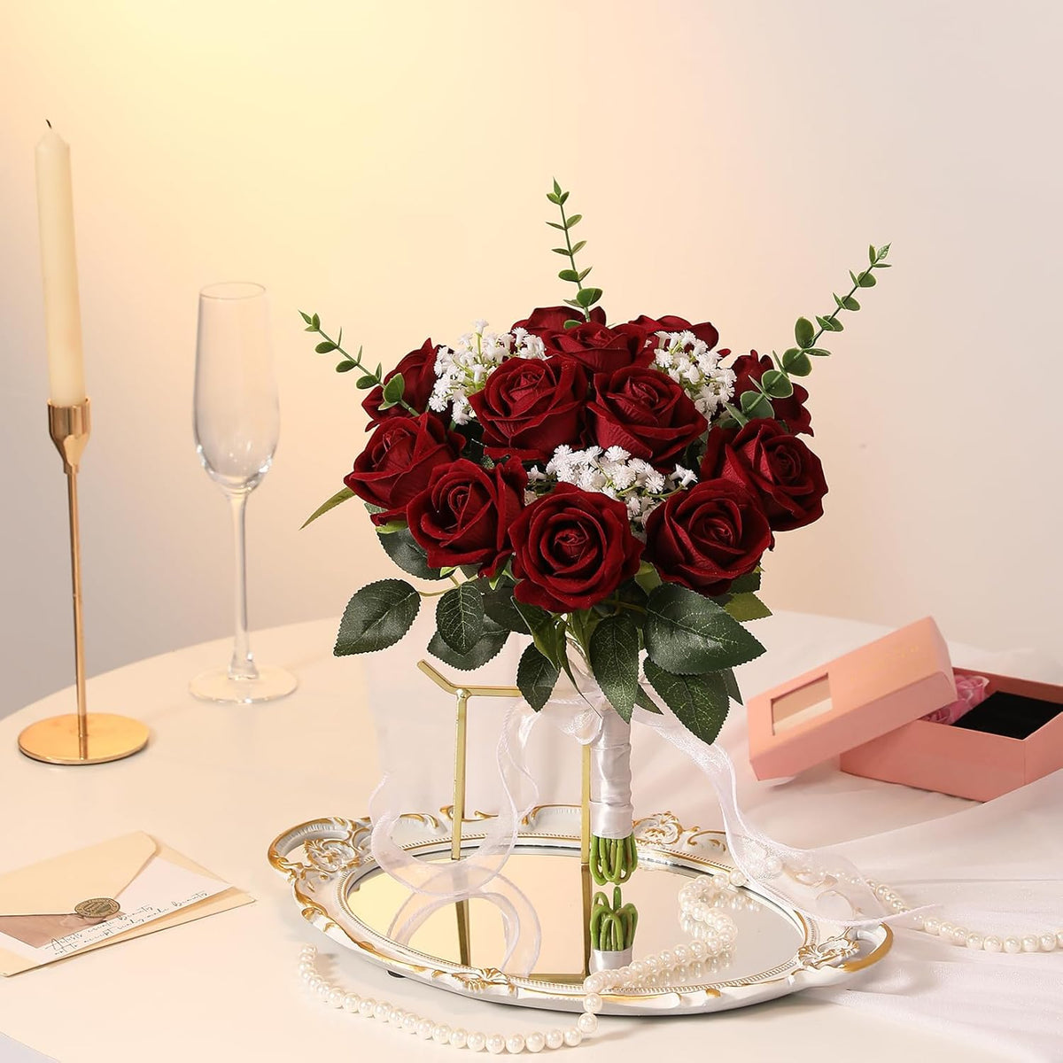 Hawesome 12PCS Artificial Flowers Fake Roses, Realistic Velvet Long Stem Red Roses Bouquet for Wedding Centerpiece Home Decor Party & Valentines (Wine)