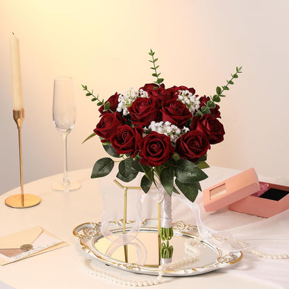 Hawesome 12PCS Artificial Flowers Fake Roses, Realistic Velvet Long Stem Red Roses Bouquet for Wedding Centerpiece Home Decor Party & Valentines (Wine)