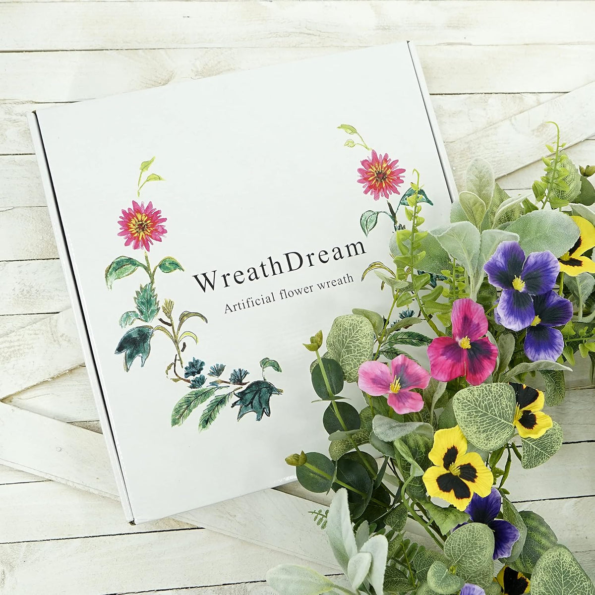 Artificial Spring Summer Wreath with Pansy Flowers, Flocked Lamb Ear Leaves, Eucalyptus Leaves, Fern Branches for Front Door Indoor Outdoor Farmhouse Wall Holiday Decor, White Gift Box Included