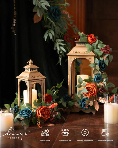 Ling's moment Fake Flowers Box, Faux Artificial Greenery Stems Foam Roses Gardenia Silk Poppy Fabic Flower for Centerpieces Bouquet Wedding Vase Decorations, Teal & Burnt Orange, Deluxe Combo