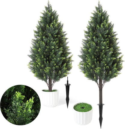 3FT Artificial Cedar Topiary Trees Set of 2 Detachable Planter & Spike, UV Resistant Faux Plants Outdoor and Indoor, Realistic Fake Bushes Pine Tree for Front Porch Decor