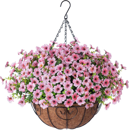 HyeFlora Artificial Fake Hanging Plants Flowers with Basket Outdoor Spring Decor, Faux Silk Pink Daisy in Pot Planter Realistic UV Resistant for Porch Home Indoor Patio Balcony Garden Yard