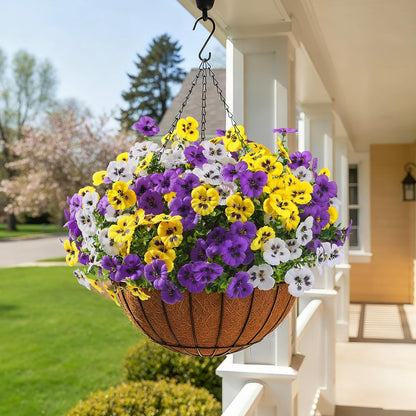 Alupssuc 24 Bundles Artificial Flowers for Outdoors, Fake Spring Flowers for Decoration, UV Resistant Realistic Pansies with Eucalyptus Silk Faux Flowers for Porch Patio Yard, Purple Yellow White