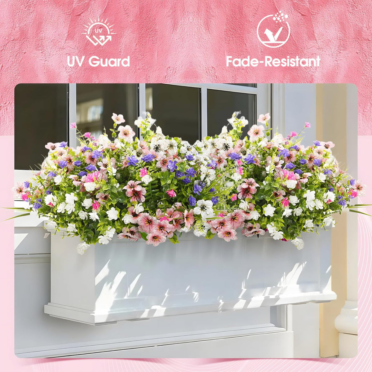 Fake Flowers for Outdoor UV Resistant 24 Pcs Pink Summer Artificial Flowers Outdoors, Realistic Faux Silk Flowers Fade Resistant, Fake Plants ＆ Flowers for Garden Porch Planters Window Patio Wedding