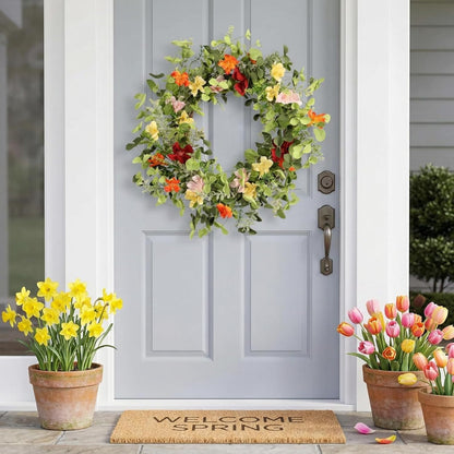 22IN Artificial Spring Summer Wreath with Wild Flowers & Silk Daisies Eucalyptus, UV Resistant, Colorful Wreath - for Spring Summer Indoor Outdoor Home Décor