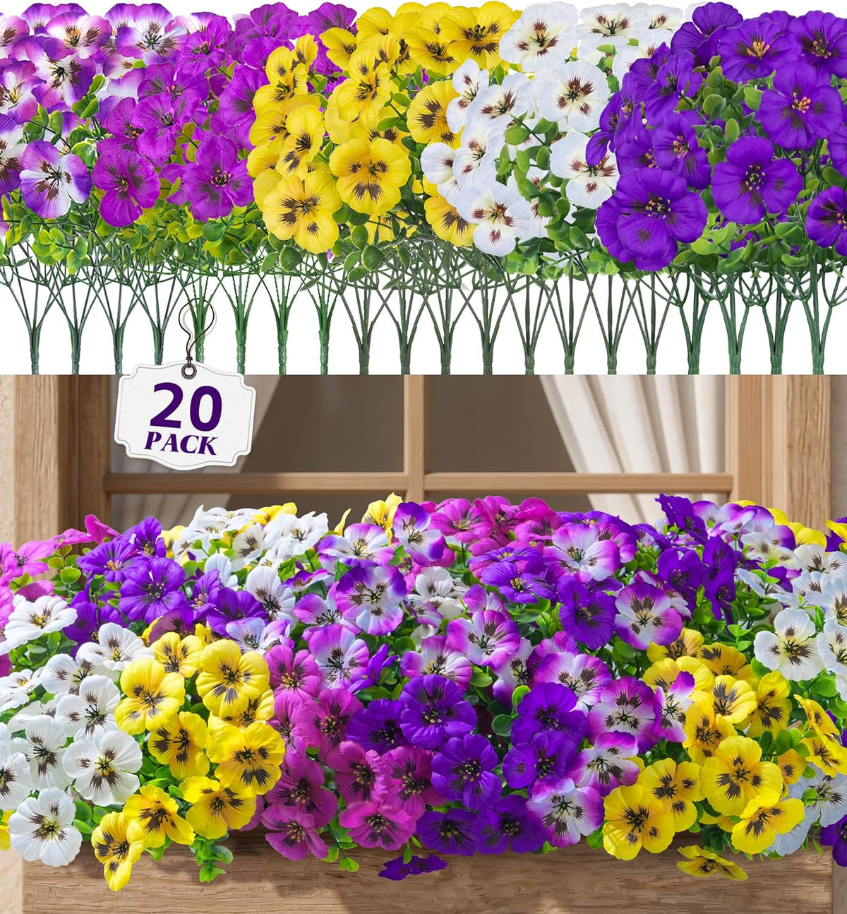 Ivydale 20PCS Fake Artificial Pansy Flowers for Outdoors Spring Decor, Faux Silk Pansies UV Resistant Plants for Front Door Porch Yard Patio Window Box Home Decor (Fuchsia Purple Yellow White)