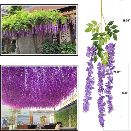 Artificial Wisteria Hanging Flowers-Fake Wisteria Flower Garland Silk Vines Rattan Decor for Home Wedding Arch Wall Garden Greenery Bedroom Outdoor Office Party Decoration (24, Purple)
