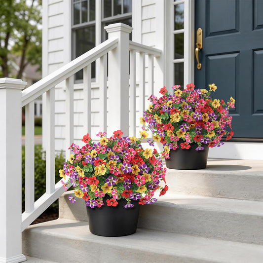 2 Set of Artificial Morning Glory & Eucalyptus Topiary Trees - Faux Silk Flower Potted Plants, UV-Resistant Fake Outdoor Morning Glory Bushes for Front Door, Farmhouse, Garden Decor (Mixed Color)