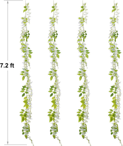 Lvydec Wisteria Artificial Flowers Garland, 4Pcs Total 28.8ft White Artificial Wisteria Vine Silk Hanging Flower for Home Garden Outdoor Ceremony Wedding Arch Floral Decor