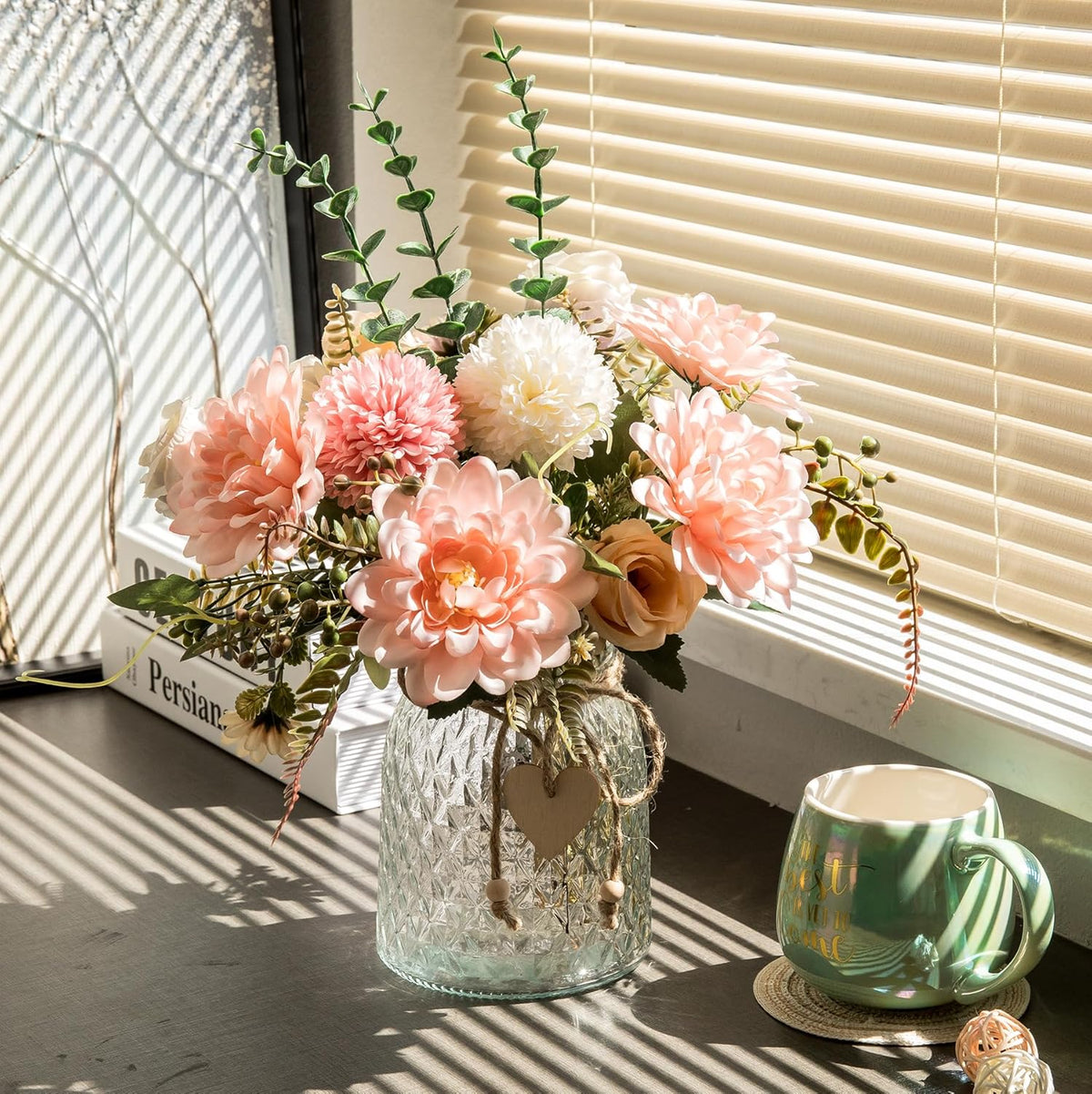 Fake Flowers with Vase, Faux Flowers in Vase for Home Decor, Silk Pink Dahlia Artificial Flowers with Vase for Coffee Table Decor, Living Room Bathroom Plant Decor, Centerpiece Table Decorations