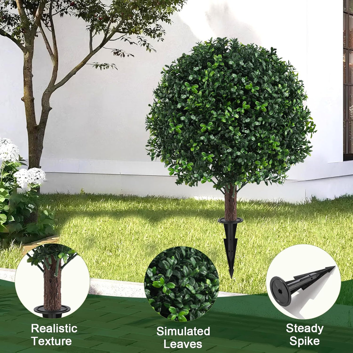 Artificial Boxwood Topiary Ball Bush for Outdoor with Spike, Set of 2 UV Resistant Faux Boxwood Ball Tree with Stake, Weatherproof Fake Round Topiary Shrub Plant for Front Porch Planter