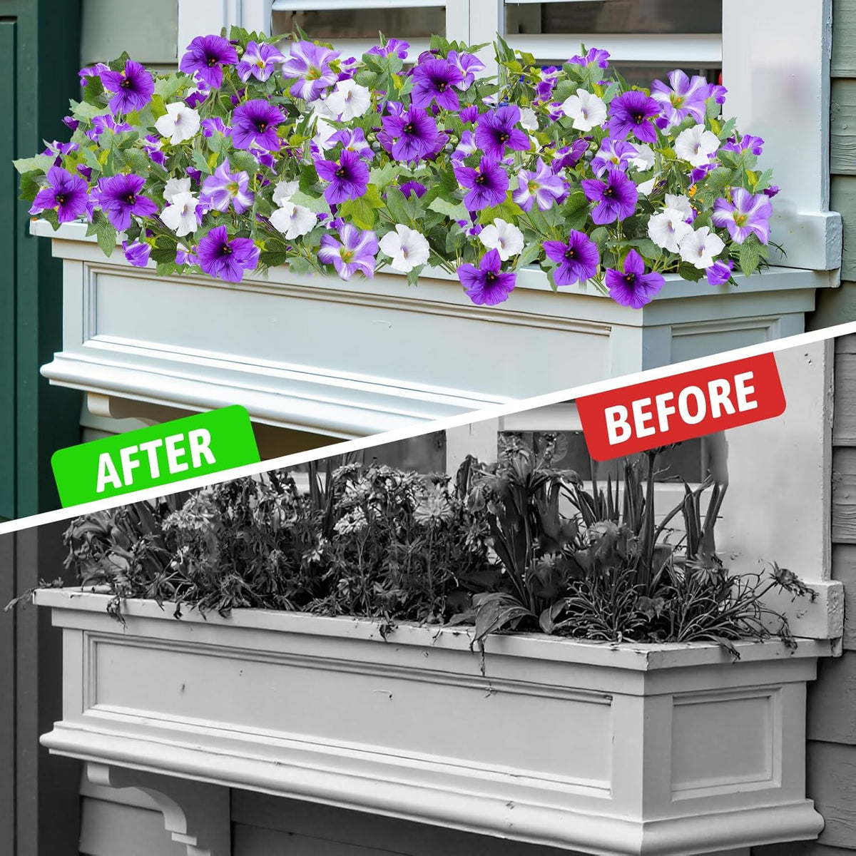 Artificial Fake Flowers for Outdoor Plants Decoration, 4 Pcs Faux Petunia Flowers Plants UV Resistant Silk for Porch Yard Garden Home Indoor Decor (Purple White)