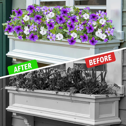 Artificial Fake Flowers for Outdoor Plants Decoration, 4 Pcs Faux Petunia Flowers Plants UV Resistant Silk for Porch Yard Garden Home Indoor Decor (Purple White)