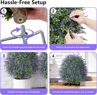 26" Artificial Boxwood Topiary Trees with Lavender Flowers 2 Pack Fake Plants for Outdoor Indoor Artificial Shrubs with Metal Ground Spike UV Resistant Fake Bushes for Front Porch Garden, Purple