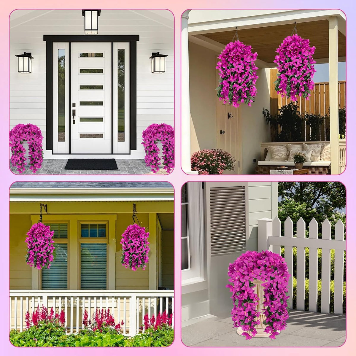 Artificial Bougainvillea Flowers for Outdoor Plant, 2 Pcs Faux Hanging Flowers Bougainvillea for Outside Decoration, Fake Silk UV Resistant Vines for Front Door Porch (Fuchsia)