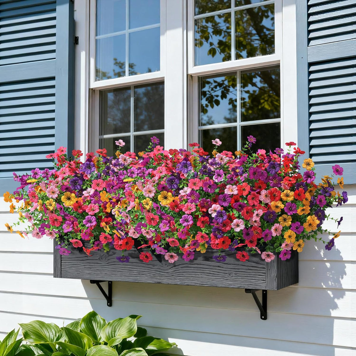 Ivydale Artificial Flowers for Outdoor 24 Bundles Fake Mums with Eucalyptus Leaves UV Resistant Silk Faux Daisy Flower Plant for Outside Home Porch Patio Window Box, 6 Color Mixed